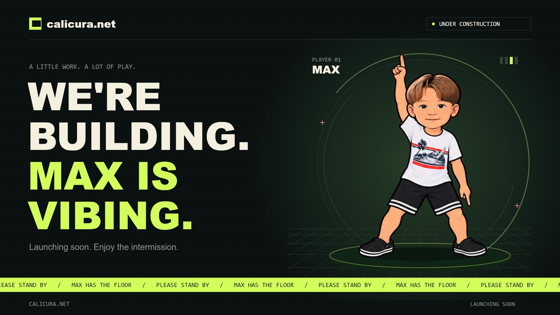 Max dancing on a neon arcade stage beside the words: We're building. Max is vibing.